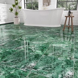 ZRJT 30-Pack 30 Sq.Ft Peel and Stick Floor Tiles Vinyl Polish Pattern Flooring, 12” x 12” Self Adhesive Vinyl Flooring DIY for Kitchen, Bathroom, Laundry, Polish Green Marble