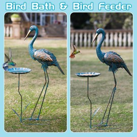 giole Metal Crane Garden Statue for Outside with Leaf Tray
