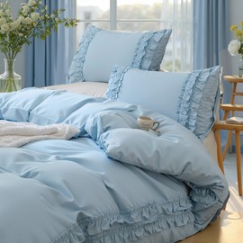Merryword Light Blue Ruffle Comforter Set King, 100% Cotton Comforter Bedding Set Ultra Soft Breathable Bedding Coquette French Country Bedding Set