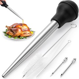 Rainspire Upgraded Large Stainless Steel Turkey Baster for Cooking With 2 Detachable Needles and Cleaning Brush Premium Baster Tool for Cooking Dishwasher Safe Home Baking Kitchen Tool, Black