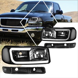 PM PERFORMOTOR [4Pcs-Set] LED DRL Headlights Assembly+Bumper Lamps Compatible with GMC Sierra Yukon XL 99-07,Black Housing/Clear Lens