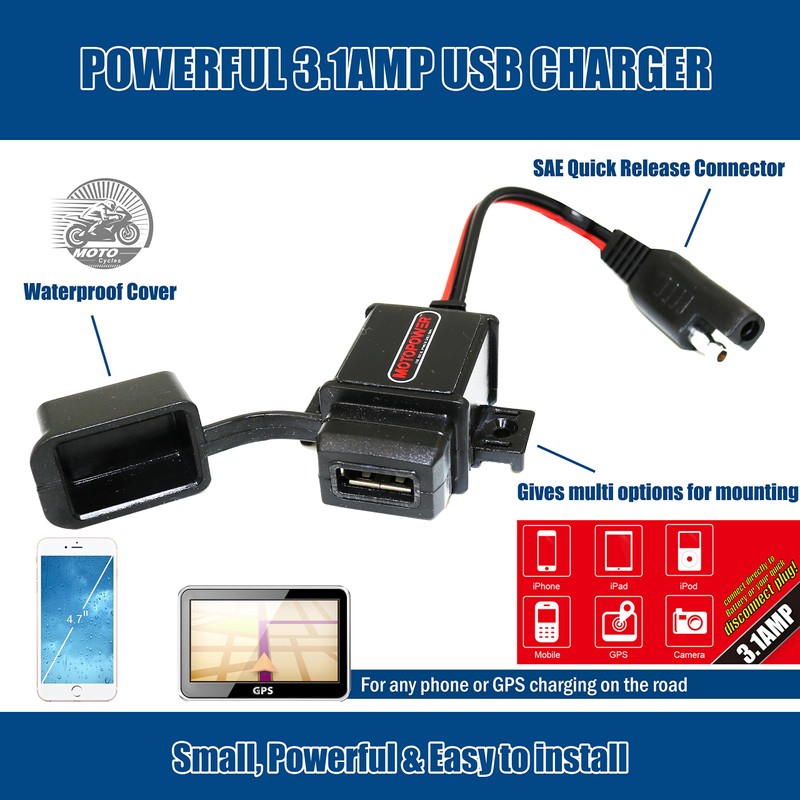 MOTOPOWER MP0609 3.1Amp Motorcycle USB Port SAE to USB Adapter