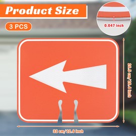 3 Pcs Traffic Cone Sign, 12.6" x 10.4" Orange Detour High Intensity Reflective Plastic Reversible Arrow Signs, Road Barricade Outdoor Construction Top Warning Directional Signs