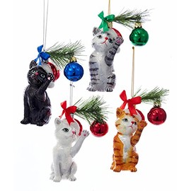 Noble Gems Kitty Cats in Santa Hats Playing Christmas Holiday Ornaments Set of 4