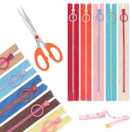 Rustark 12Pcs 10Inch/25CM 10 Colors Nylon Resin Zipper Assortment Kit with Scissor Ruler Zippers with Lifting Ring Pull Resin Zipper Nylon Plastic Zippers Coil Zipper for DIY Sewing Craft Bags Clothing