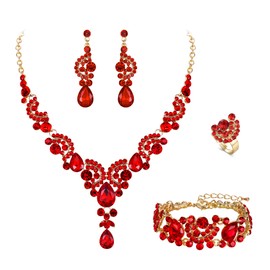 EVER FAITH Rhinestone Crystal Wedding Flowers Wave Teardrop Necklace Earrings Set, Crystal