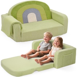 Foryoomi Extra Wide Kids Couch, 2-in-1 Soft Toddler Couch with Blanket, Comfy Toddler Chair, Convertible Sofa with Cute Colorful Rainbow Design, Green