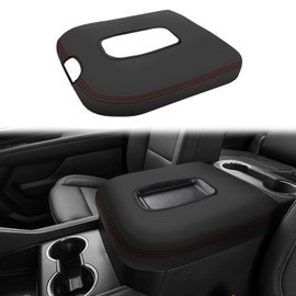 XYHGM Car Center Console Armrest Cover for Chevy Silverado & GMC Sierra 2019-2024 2025 Leather Anti-Scratch Central Arm Rest Box Lid Seat Cover Protector Accessories(Bucket Seat ONLY,Red Stitches)