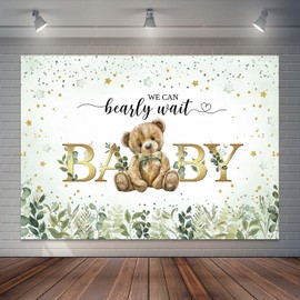 Joliaco Green Bear Baby Shower Backdrop We Can Bearly Wait Background Green Leaves Bear Baby Shower Party Decorations Photo Booth Props (7x5ft)