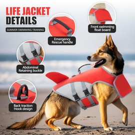 Shark Life Jacket for Dogs, High Flotation Pet Life Vest with Handle, Removable Front Float Dog Safety Lifesaver Red Small