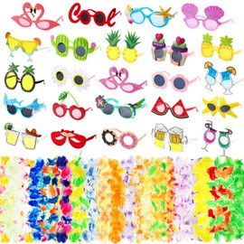 Yunsailing 48 Pcs Luau Party Decorations Include 24 Hawaiian Leis and 24 Sunglasses Party Favors, Tropical Hawaiian Flowers Garlands Funny Hawaiian Glasses for Summer Beach Hawaii Kids Birthday Party