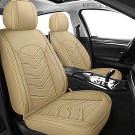 AOOG Leather Car Seat Covers 5PCS Full Set, Breathable Leatherette Automotive Seat Covers, Non-Slip Universal Interior Covers Waterproof for Most Sedans SUV Trucks, Airbag Compatible, Beige