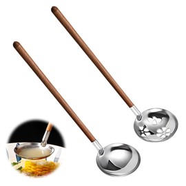 Kasanidika Soup Ladle, Set of 2, Slotted Ladle, Lightweight, Durable, Won't Clog, Easy to Clean, Dishwasher Safe, Tabletop, Dining Table, Cookware Set, Kitchen Tool Set, Stainless Steel, Wood, Long Handle, Silver