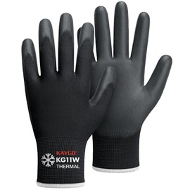 KAYGO KG11W Thermal Work Gloves PU Coated for Men Women 12 Pairs Non-Slip Grip Lined Protective Gloves for Winter Work Cold Store Warehouse Construction in Cold Weather (Black, XL, Size 10)