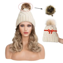 10inch Beanie Wigs,Beanie with Hair Attached for Women,Hat Wig with Curly Synthetic Hair,Short Wave Hair Wig with Warm Beanie (10T16)