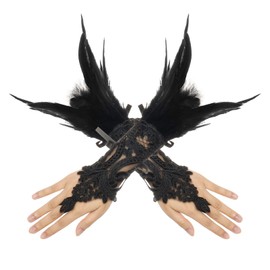 Bcxfbxd Women's Gothic Feather Wrist Bands Black Lace Feather Gloves with Long Sleeves Costume Accessories Swan Wings Wrist Bands for Women
