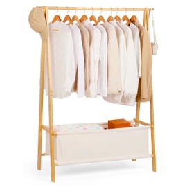 Relquorax Bamboo Clothes Rack with Storage Box, Portable Extra Large Garment Rack Clothing, Foldable Wardrobe For Entryway and Bed Room (L)