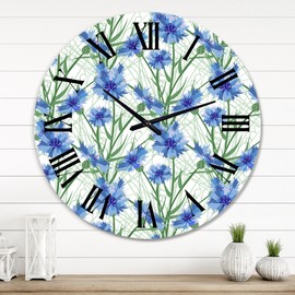 Designart 'Blue Cornflowers With Green Leaves I' Traditional wall clock - 23 in. high, 23 In. Wide