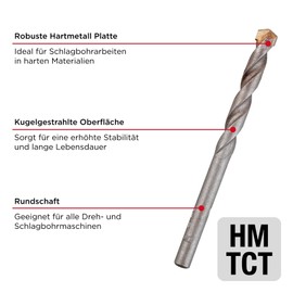 kwb Stone Concrete Drill Bit Diameter 14 mm with Robust Carbide Plate, Chiseless-Moulded Spiral Drill Bit, Shot-peened Surface and Round Shank, Conforms to ISO 5468