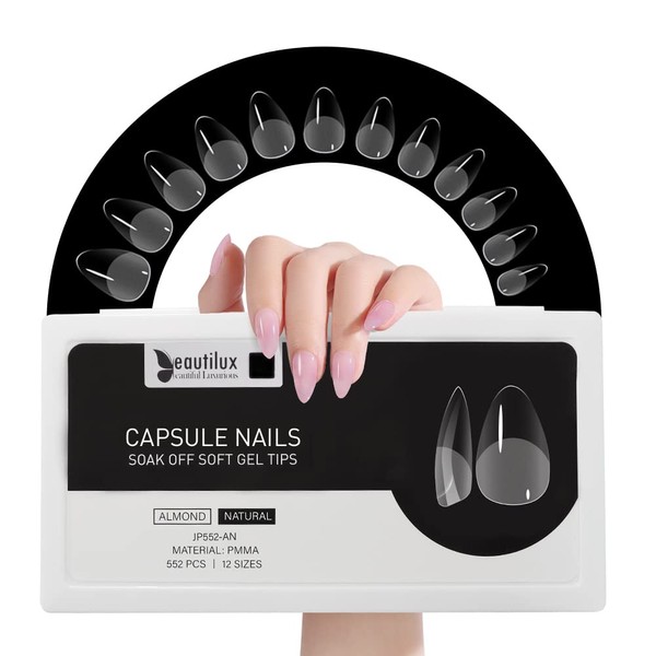 Beautilux Nail Tips, 552 Pieces, Short Almond Tips for Gel