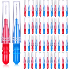 50 piezas de cepillo interdental palillo dental, cabeza dental, higiene dental, cepillo interdental, cepillo dental, limpiador dental, herramienta de limpieza de dientes (rojo, azul)