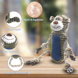BUYPOW Funny Plush Dog Chew Toys,Squeaky Dog Toys, Interactive Tug of War Puppy Toys, Stuffed Dog Toys for Small,Medium and Large Dogs - Monkey
