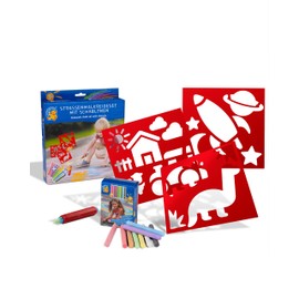 Malefix Adventure Street Painting Chalk Stencil Set - 3 Stencils, 18 Chalks in 9 Colours, 1 Chalk Holder - Perfect for Creative Artwork on the Yard & Walkways with Adventure Motifs and Stencil Aid