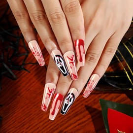 AUEJACKY 24 Pieces Fake Coffin Nails, Pink Ghost Nails, Fake Nails, Pink Ghost Nails, Face Nails for Women and Girls