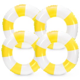 Whaline 4Pcs White Yellow Inflatable Swimming Float Toy Striped Swim Ring Fun Print Pool Lounger Tube for Teen Boy Girl Summer Swimming Beach Party, 22.8 Inch