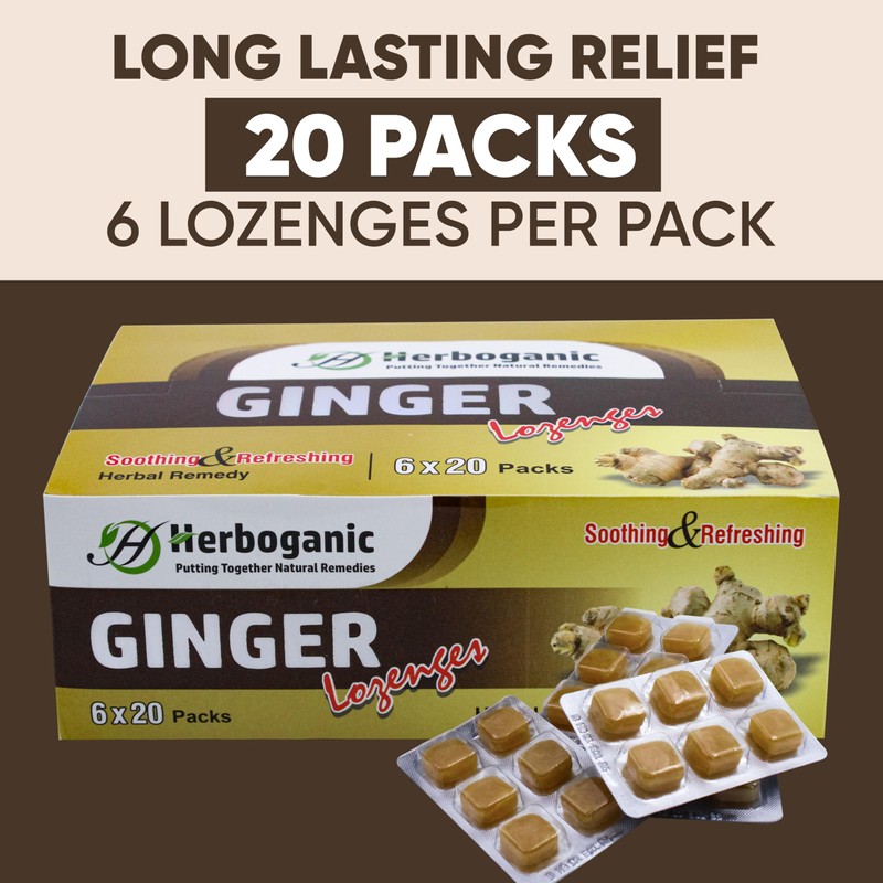 HERBOGANIC Ginger Lozenges Leaf of 6, 20 Packs per Box