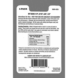 DiamondSure Diamond Drill Bit Hole Saw 4-Pack Assortment 1/4", 5/16", 3/8", 1/2" for Glass, Tile, Granite, Stone, Ceramic, Porcelain