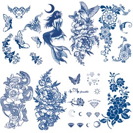 Aresvns Temporary Tattoo for Women, Semi-Permanent Tattoos Waterproof Long-Lasting 2 Weeks, Dark Blue Realistic Flower Fake Tattoos Christmas Gift