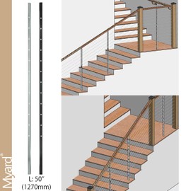 Myard Square Pre-Drilled Intermediate Picket Post with Connectors for 1/8" Stair Cable Railings, Length 50" with 12 Angled Offset Elongated Holes (50", Black, 4-Pack)