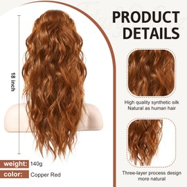 FLUFYMOOZ Ponytail Extension, 18 Inch Claw Clip Ponytail Extension, Wavy Curly Claw Clip in Ponytail Hair Extensions, Synthetic Hairpiece for Women (Cooper red)