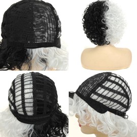 Short Curly Wig Black and White Wavy Hair Curly Wig with Bangs