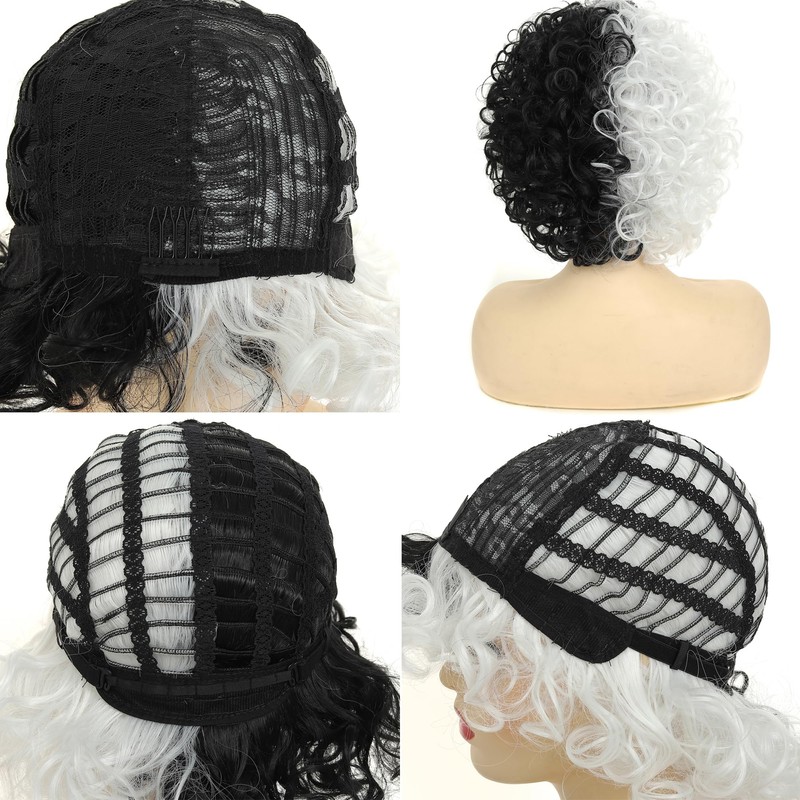 Short Curly Wig Black and White Wavy Hair Curly Wig