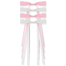 Nogeqi 4PCS Ribbon Bow Hair Clip with Long Tails, Cute Tassel Hair Bow Barrettes for Women, Solid Bowknot Hair Accessories for Women Girls(White, Pink)