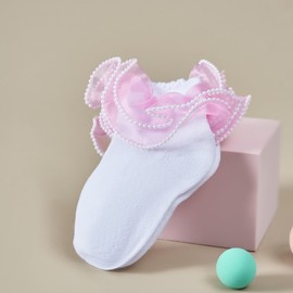1 Pair Girls Cute Ruffle Socks Frilly Pearls Lace Socks for Little Girls Dress Sock (US, Alpha, Medium, Regular, Pink)