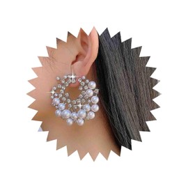 Jugielu Boho Pearl Cluster Earrings Silver Cz Pearl Drop Earrings Exaggerated Rhinestone Hoop Earrings Pearl Dangle Statement Earrings Large Round Hollow Crystal Earrings Jewelry for Women