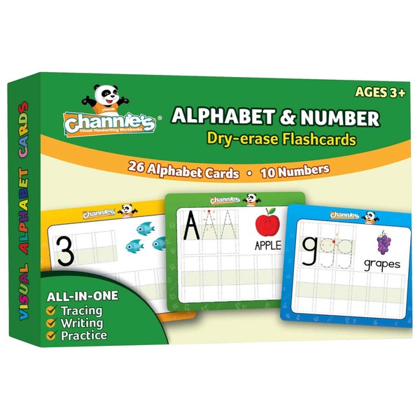 Channie's Dry Erase Alphabet/Number Flash Cards, 5.5W x 4.25 L x 0.25H, White, Model:B500