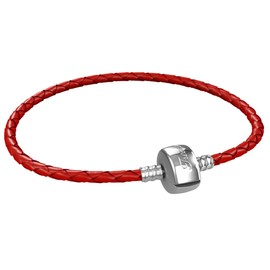 Braided Leather Charm Bracelet for Women, Fits European Charms, Barrel Snap Clasp, Red 7.5 Inch