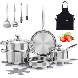 ASKSCICI Stainless Steel Cookware Set, 16-Piece Pots and Pans Set Non Toxic, Kitchen Induction Cookware with Glass Lids, Steamer, Utensil Sets, Pot Protectors & Apron, Oven & Dishwasher Safe, Silver