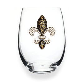 THE QUEENS' JEWELS Gold Swirl Fleur de Lis Jeweled Stemless Wine Glass - Unique Gift for Women, Birthday, Cute, Fun, Not Painted, Decorated, Bling, Bedazzled, Rhinestone