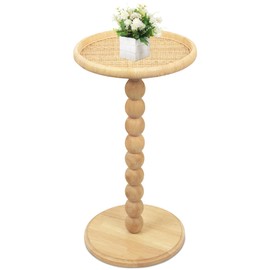 FASNAHOK Round Side Table, Solid Wood Small Drink Table for Small Spaces, Boho Rattan End Table for Living Room, Modern Accent Table for Couch, Bedroom, Corners
