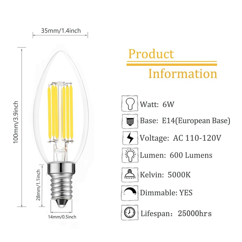 Lamsky E14 Dimmable LED Bulb 6W,AC 110V 600Lumens Daylight 5000K,E14