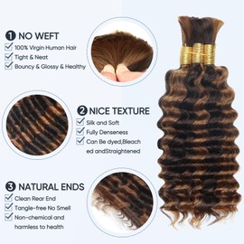 Human Braiding Hair for Boho Braids,150g 14 Inch 3 Bundles Highlight Deep Water Wave Bulk Boho Curly Human Hair Bundle for Braiding,4/30 Ombre No Weft Wet and Wavy Knotless Braiding Hair Extensions