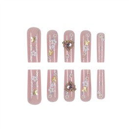 SINHOT Square Press on Nails Long - Cute Flower Fake Nails Glossy Glue on Nails Gold Butterfly Acrylic Nails Heart Rhinestones Squoval Artificial Nails Stick on False Nails with Design 24pcs