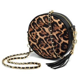 Women Round Cross Body Bag Tassel Circle Purse Chain Shoulder Handbag Clutch Wristlet (Leopard)