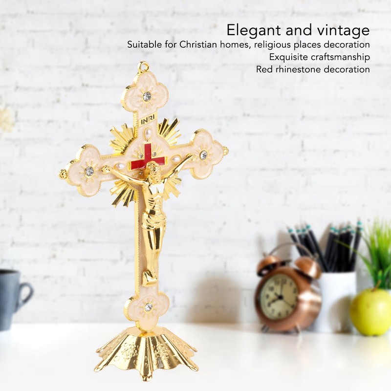 Metal Standing Cross Red Rhinestone Decoration Exquisite Retro Elegance Standing