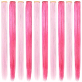 FYHTSD 10PCS 21''Light Pink&Pink Hair Accessories Clip In/On Multicoloured Party Highlights Straight Coloured Extensions for Girls and Teens Costumes Wig Pieces for Women Colourful Hairpieces